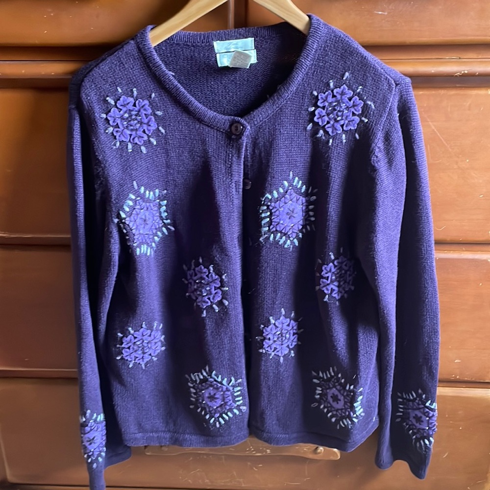 Purple & silver snowflake appliqué Christopher Banks button down winter cardigan